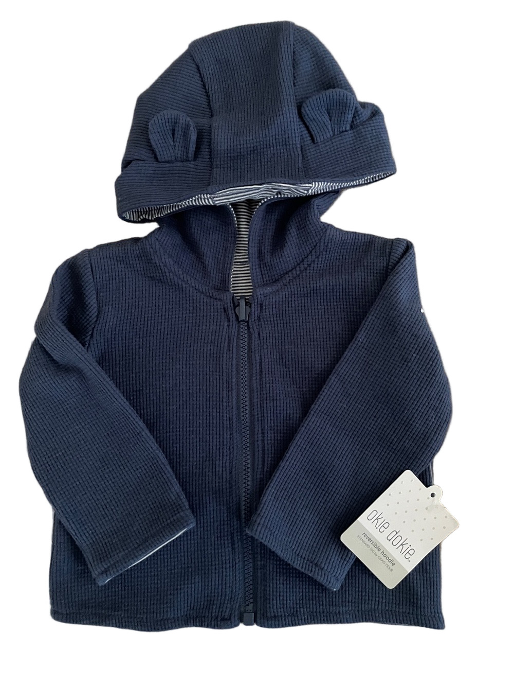 Okie Dokie Navy Blue Reversible Hooded Zip Jacket with Ear Details 9 Mo. NWT!
